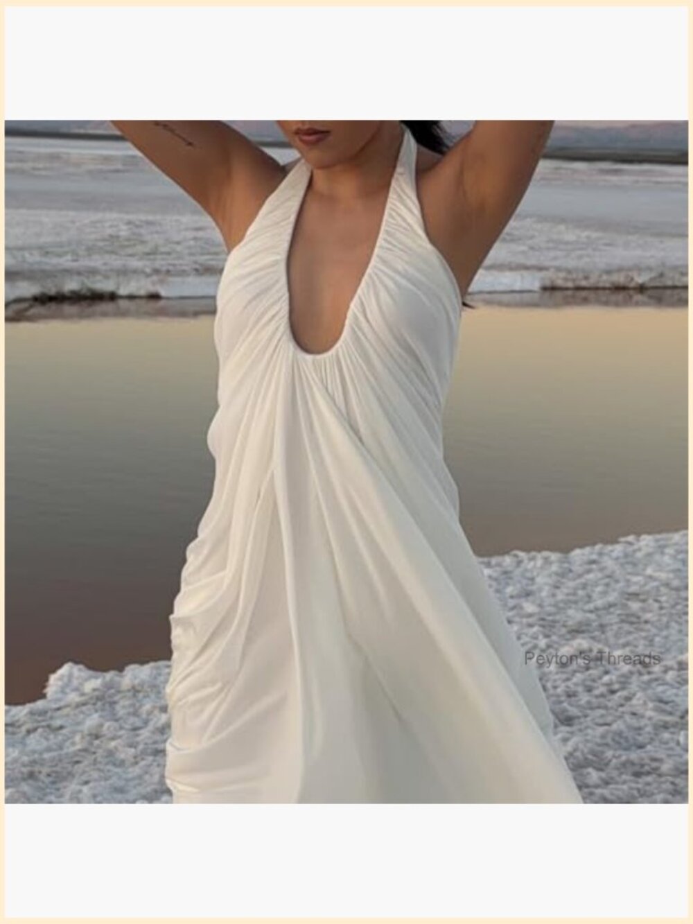 Halter Deep V-Neck Maxi Gown with Cascade Drape Floor-Length Wedding Guest Beach - Picture 4 of 7